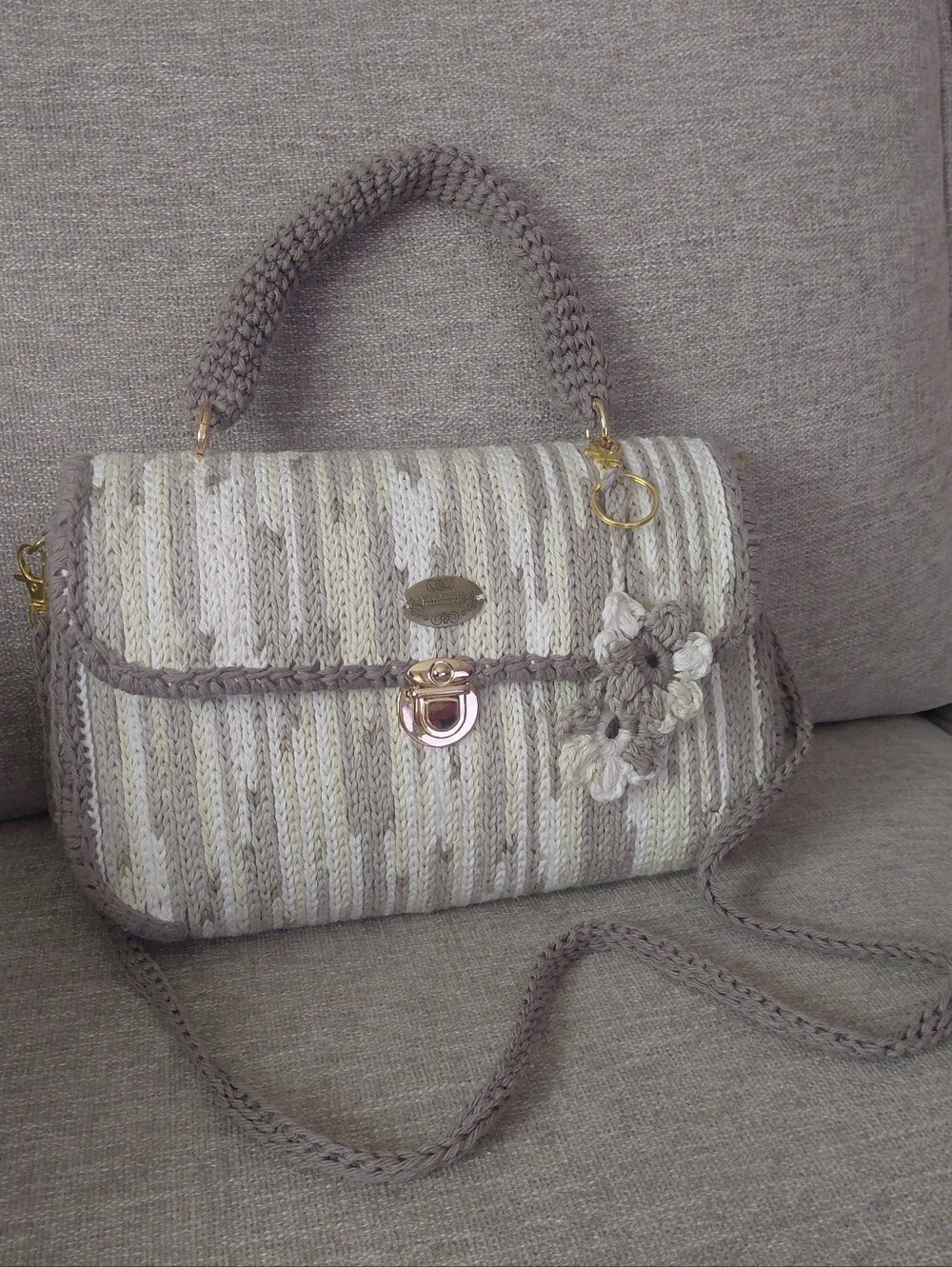 Handmade Woven Crochet Top-Handle Crossbody Bag in Taupe and Ivory